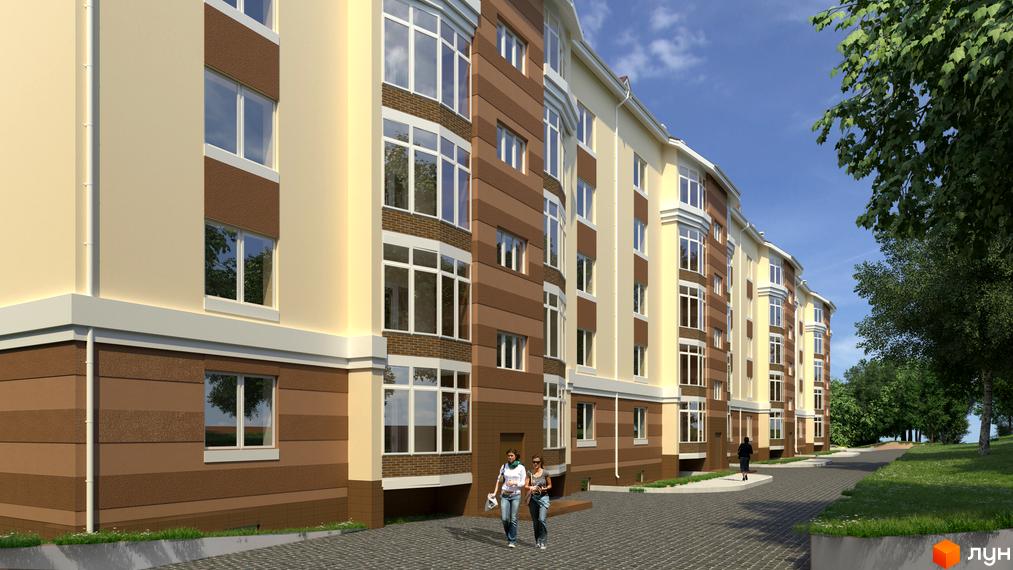 Житловий комплекс Щасливий: багатоповерховий будинок з фасадом світло-жовтого та коричневого кольорів. Перед будинком вимощена доріжка та зелені насадження.