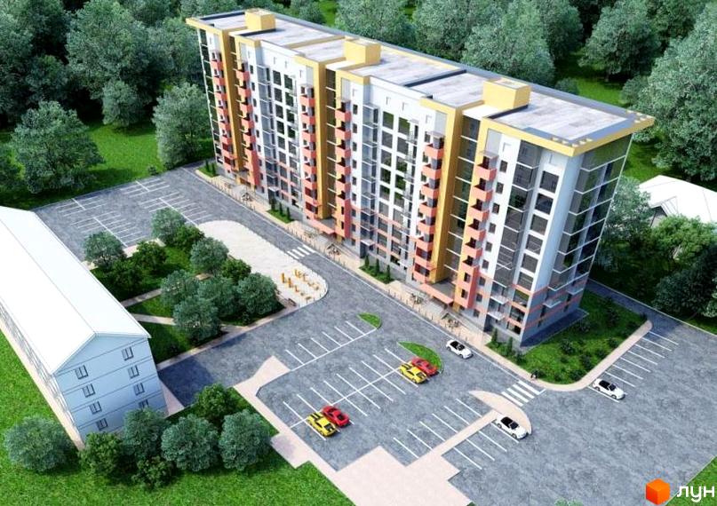 Житловий комплекс Маршал з багатоповерховими будинками, що мають світлі та помаранчеві фасади. Прибудинкова територія включає парковки, зелені зони та дитячий майданчик.