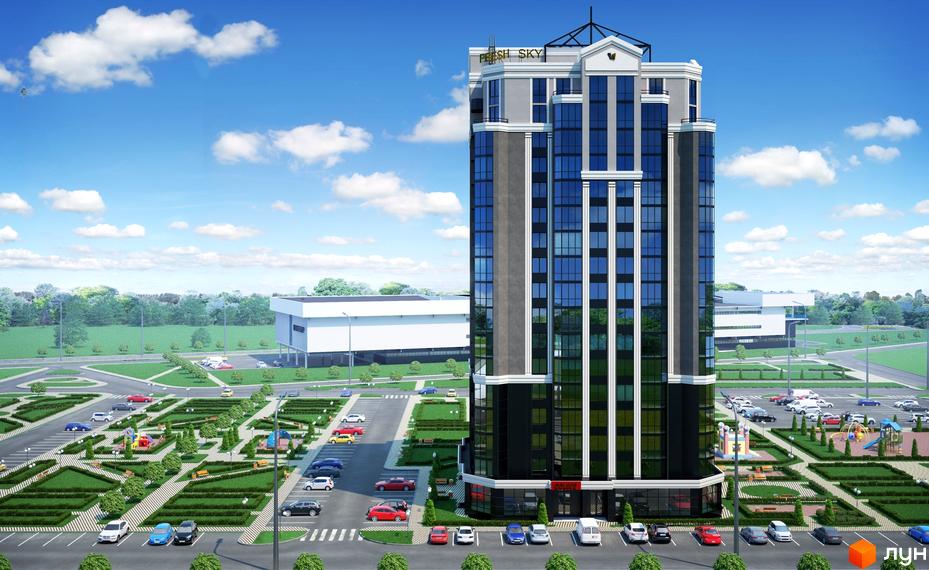 Житловий комплекс Sky: високий будинок з комбінованим фасадом та великими вікнами. Поруч парковки, зелені зони, дитячі майданчики.