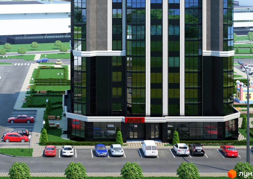 Новобудова Sky: багатоповерховий будинок з темним фасадом та великими вікнами. Поруч парковка, зелені зони та дитячий майданчик.