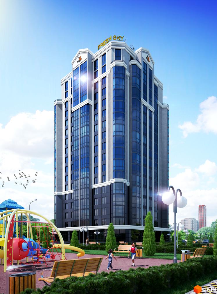 Багатоповерховий будинок Житлового комплексу Sky з сірим фасадом та синіми вікнами. Поруч розташований дитячий майданчик, лавки та зелені насадження.