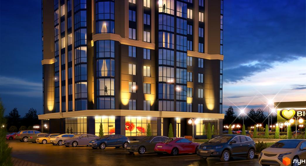 Багатоповерховий житловий комплекс Sky з великими вікнами та освітленим фасадом ввечері. Перед будинком розташована парковка з автомобілями та ліхтарями.