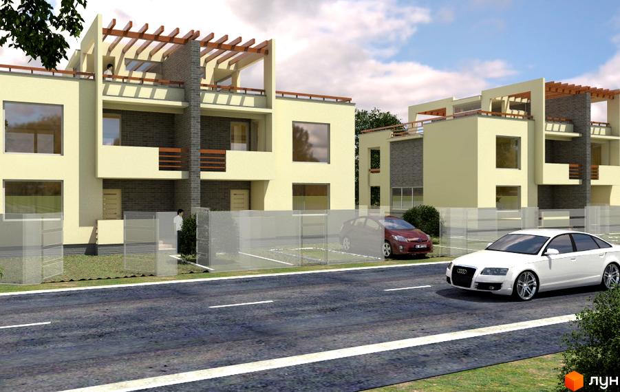 Котеджне містечко High-Tech House: будинки світлого кольору з плоскими дахами, дерев'яними перголами та прибудинковою територією з прозорими огорожами.