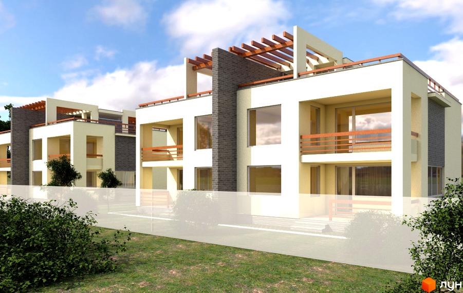 Котеджне містечко High-Tech House: двоповерхові будинки з білими фасадами, темними цегляними елементами та дерев'яними перилами. Прибудинкова територія з газоном.