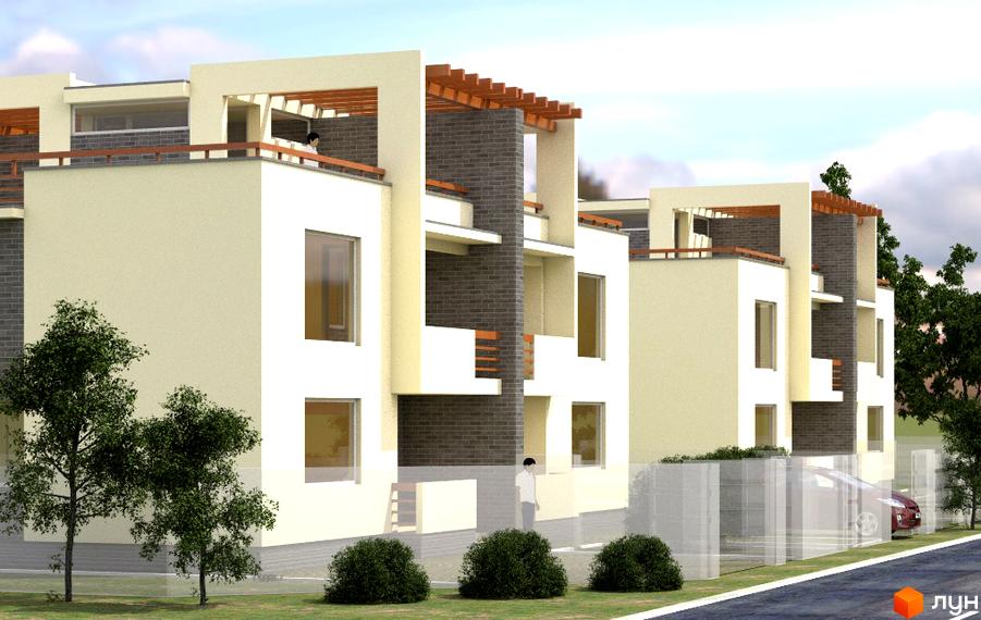 Котеджне містечко High-Tech House: будинки світлого кольору з темними цегляними вставками та дерев'яними елементами, навколо озеленена територія з деревами та кущами.