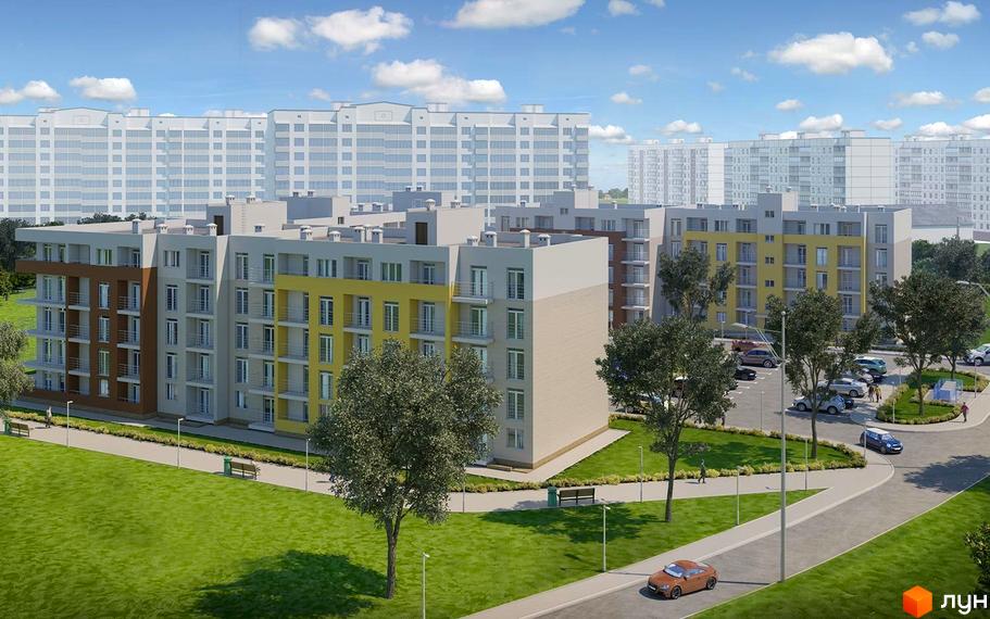 Житловий комплекс Новий Північний. Багатоповерхові будинки з балконами та світлими фасадами. На території є зелені зони, парковка та дорога.