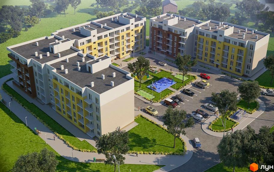 Житловий комплекс Новий Північний. Багатоповерхові будинки з жовтим та коричневим фасадом. На прибудинковій території є парковка, дитячий майданчик та зелені зони.