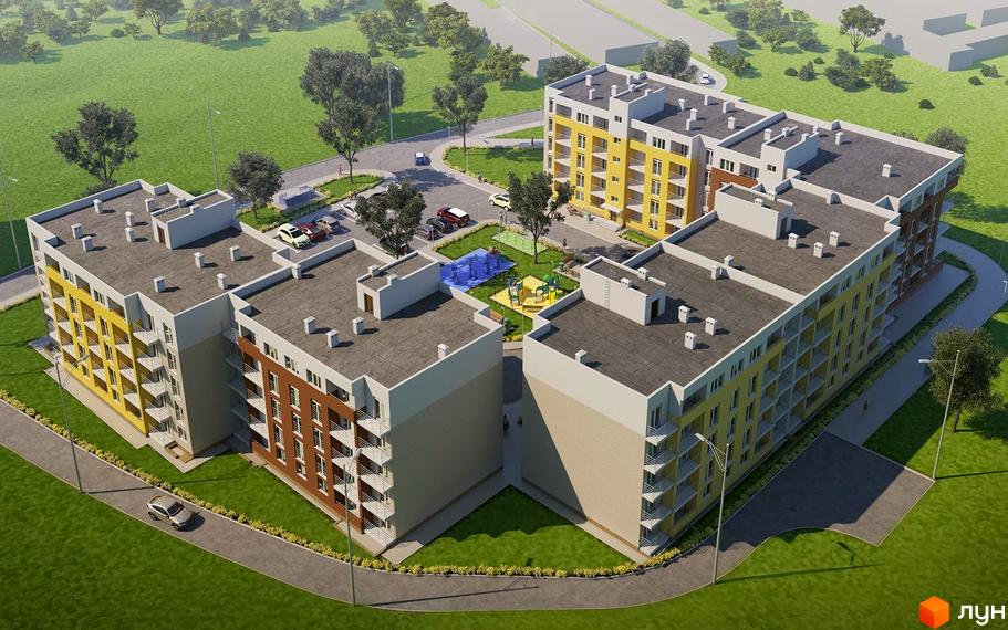 Житловий комплекс Новий Північний. Багатоповерхові будинки з жовтими та коричневими фасадами. На території є дитячий майданчик, парковка та зелені насадження.