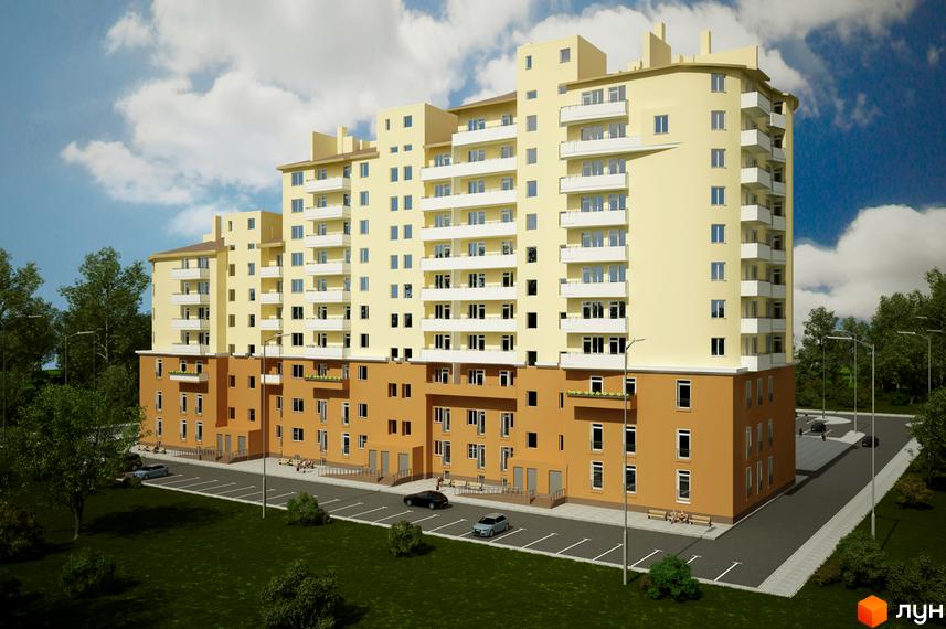 Зображення фасаду будинку по вул. Мечникова, 16а. Житловий комплекс з балконами та великою прибудинковою територією.