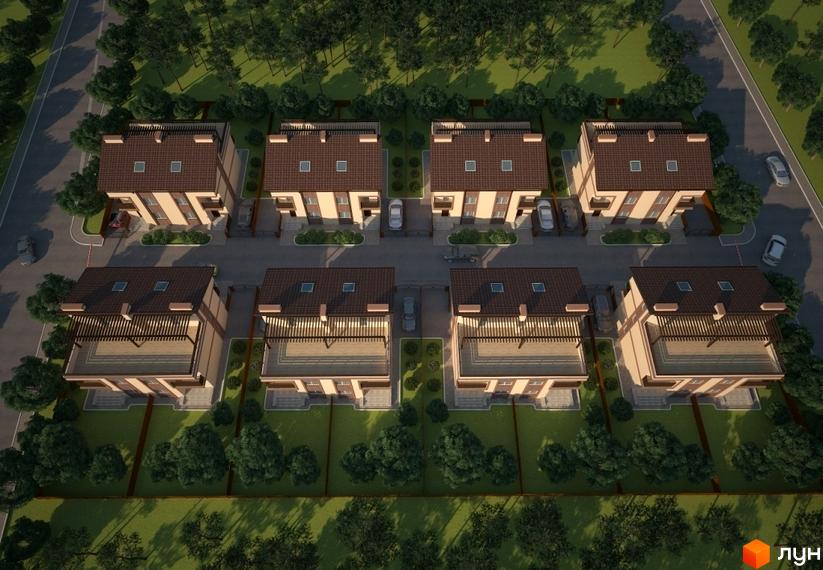 Котеджний комплекс Лісове-2. Малоповерхові будинки з коричневими дахами та світлими фасадами. На території є парковка для автомобілів та зелені насадження.