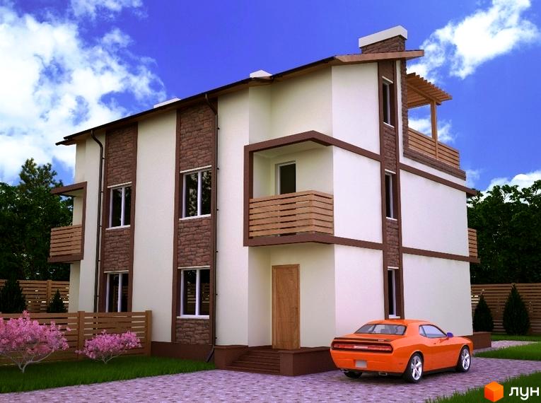 Триповерховий будинок з балконами та терасою. Біля будинку стоїть помаранчевий автомобіль, а також є зелена галявина з квітами.