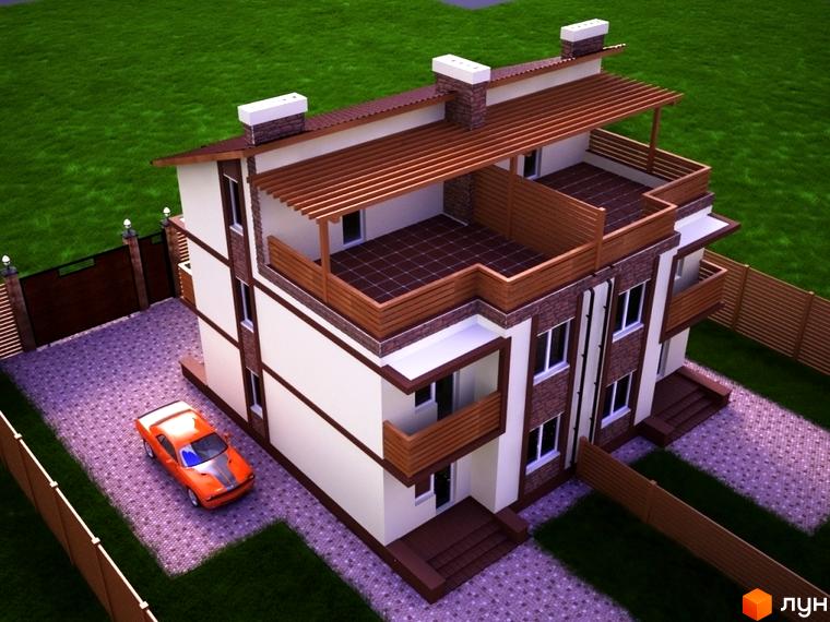 Зображення двоповерхового будинку в Котеджному містечку Лісове-2 з терасою та автомобілем на подвір'ї. Вид зверху на будинок та зелений газон.