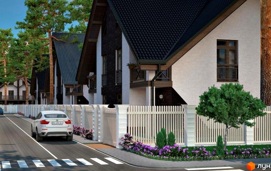 Фото Котеджне містечко Park Residence: двоповерхові будинки з темними дахами та білими стінами, огороджені білим парканом. Навколо зелені насадження та дорога.