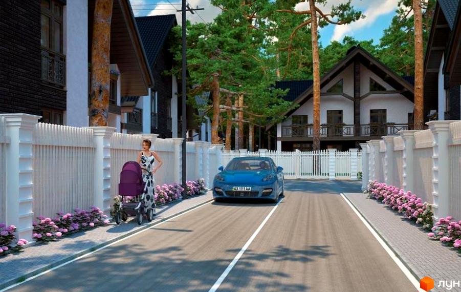 Зображення Котеджного містечка Park Residence: двоповерхові будинки з темними дахами, білі паркани вздовж дороги, квіти, жінка з дитячим візком та синій автомобіль.