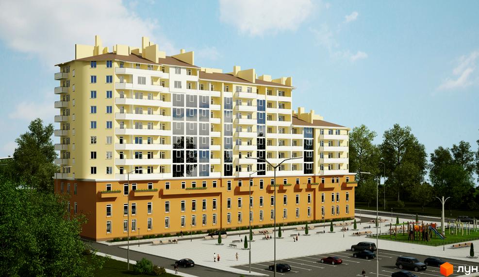 Зображення фасаду та прибудинкової території житлового комплексу по вулиці Мечникова, 16а. На передньому плані парковка, тротуари та зелені насадження.