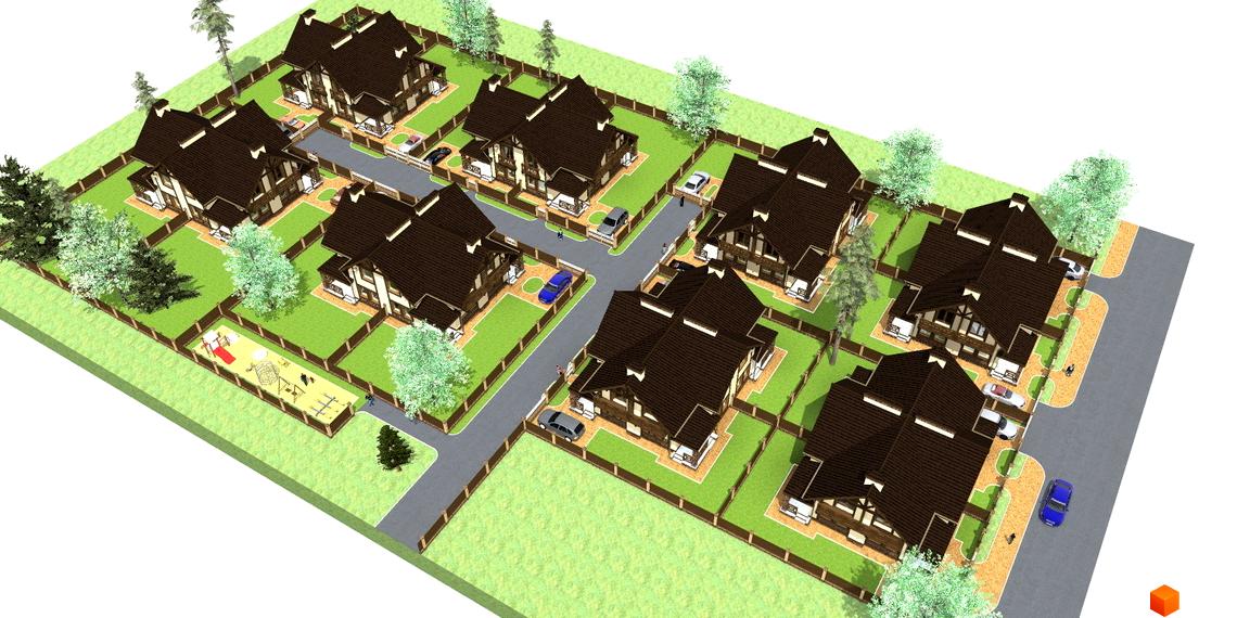 Зображення житлового комплексу КМ Едельвейс. Двоповерхові будинки з коричневими дахами та доглянутою прибудинковою територією, огороджені парканом. На території є дитячий майданчик та місця для паркування.