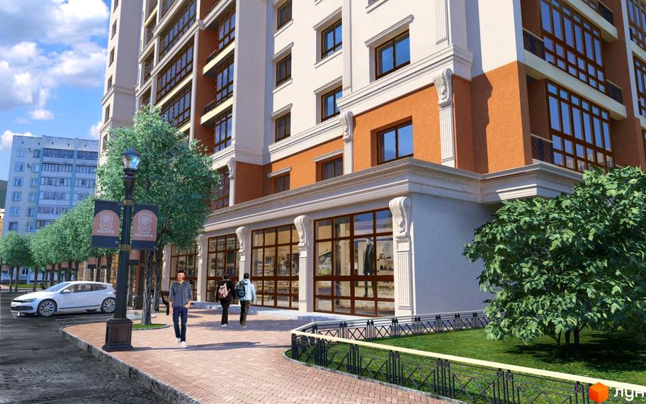 Зображення фасаду та прибудинкової території Новобудови Проскурів. Вигляд багатоповерхового будинку з великими вікнами та пішохідною зоною.