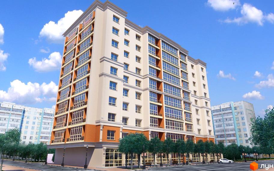 Зображення фасаду Житлового комплексу Проскурів. Багатоповерхова будівля з великими вікнами та світлим оздобленням, навколо дерева та тротуар.