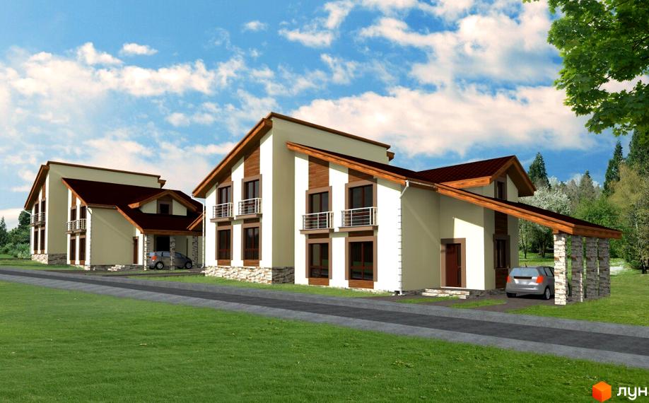 Зображення двоповерхового будинку в Котеджному містечку Richman з великими вікнами та балконами. Навколо будинку зелений газон та асфальтована дорога.