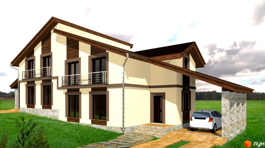 Двоповерховий будинок з балконами та гаражем під навісом. Біля будинку зелена трава та доріжка.