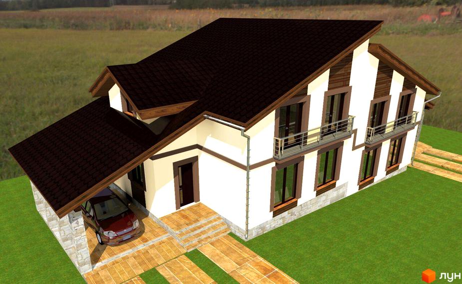 Візуалізація будинку в Котеджному містечку Richman. Двоповерховий будинок з коричневим дахом та світлими стінами, поруч зелений газон.