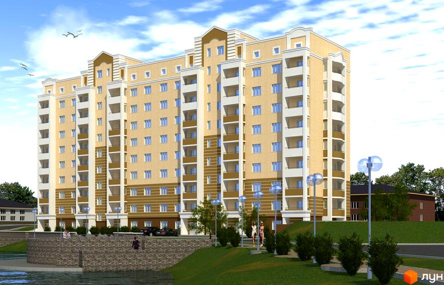 Житловий комплекс Новосілки. Багатоповерховий будинок з балконами та світлим фасадом. На прибудинковій території є зелені насадження, ліхтарі та невеличка водойма.