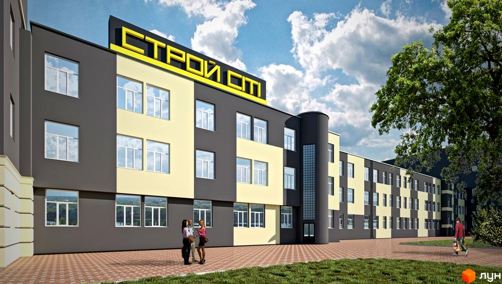 Зображення фасаду Житлового комплексу Парковий квартал. Триповерхова будівля з великими вікнами та написом на даху.