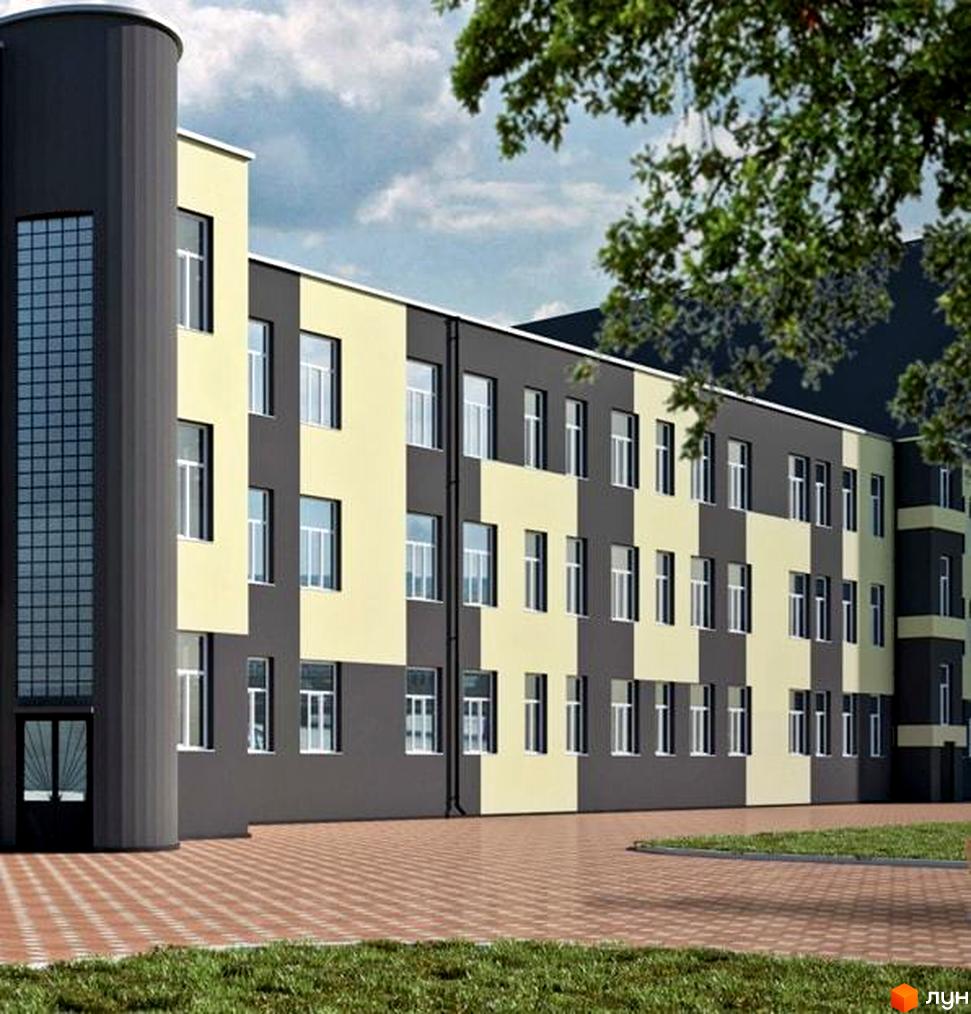 Зовнішній вигляд будівлі Житлового комплексу Парковий квартал з великими вікнами та сіро-жовтим фасадом. На передньому плані - тротуарна плитка та зелений газон.