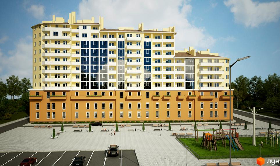 Зображення фасаду Житлового комплексу на вул. Мечникова, 16а. На фото видно будинок та прибудинкову територію з парковкою та дитячим майданчиком.