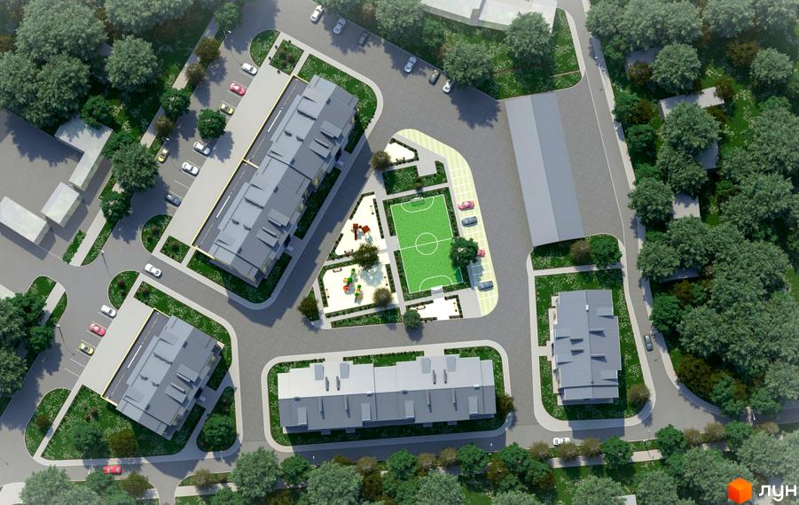 Житловий комплекс Летичівська Брама. Вигляд зверху на будинки з сірими дахами та прибудинкову територію з зеленими насадженнями, парковкою та дитячим майданчиком.