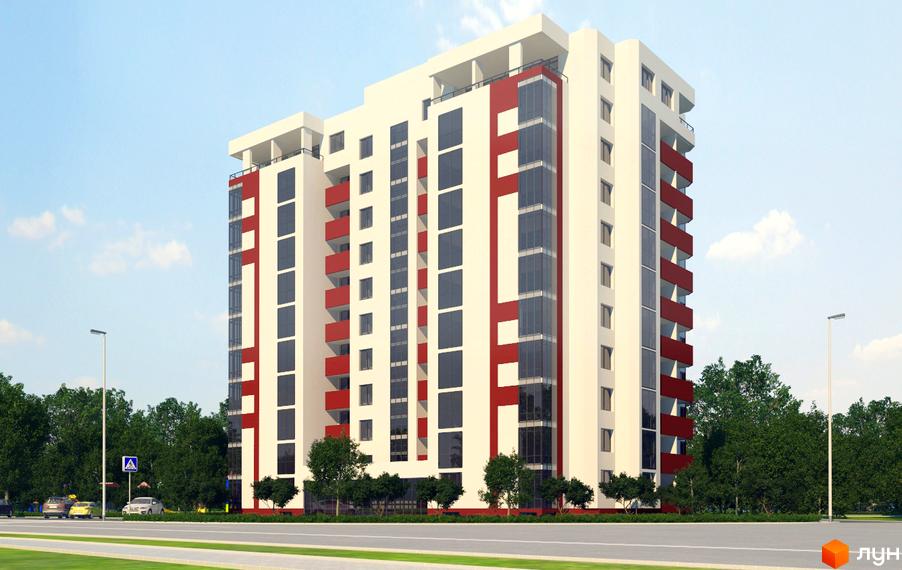 Зображення багатоповерхового будинку за адресою вул. Героя України Олександра Петраківського (Ланова), 16б. Навколо будинку зелені насадження та облаштована прибудинкова територія.