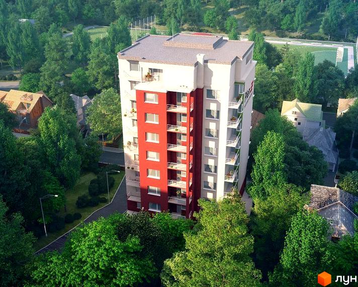 Зображення багатоповерхового будинку по вул. Погулянка, 6. Навколо будівлі зелені дерева та доглянута прибудинкова територія.