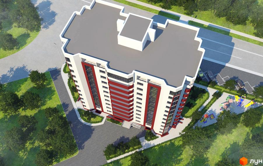 Зображення житлового комплексу на вулиці Героя України Олександра Петраківського (Ланова), 16б. Вид зверху на багатоповерховий будинок з облаштованою прибудинковою територією.