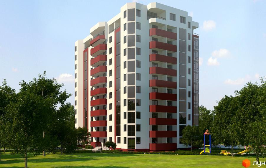 Висотна новобудова з балконами та панорамними вікнами. На території комплексу є зелені насадження та дитячий майданчик.