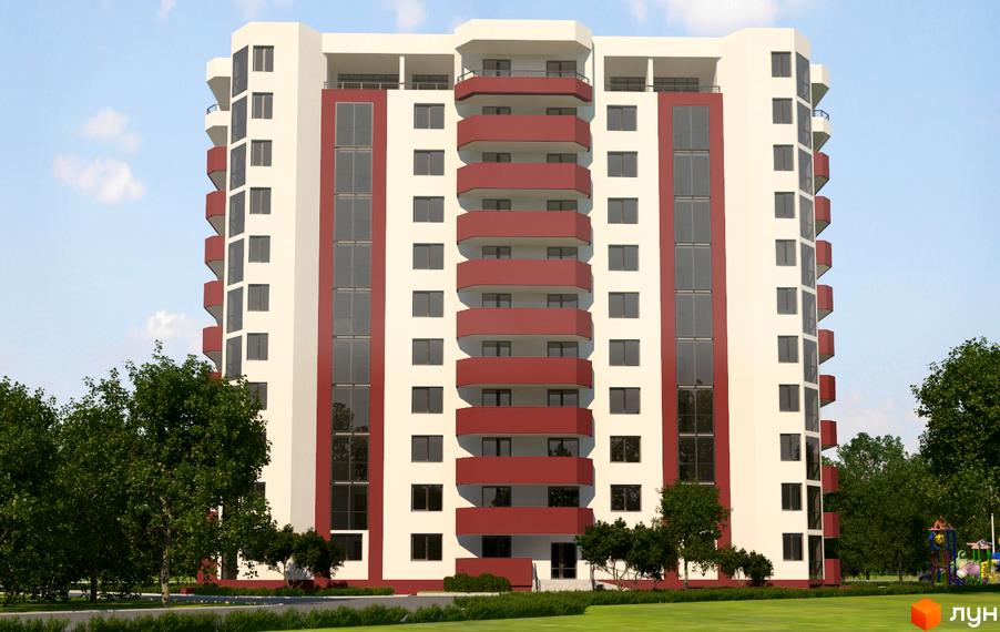 Багатоповерховий будинок з балконами та панорамними вікнами. На території є дерева та газон, на задньому плані видно дитячий майданчик.