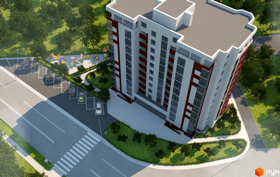 Висотна новобудова з червоними акцентами на фасаді. Поруч облаштована прибудинкова територія з парковкою, дитячим майданчиком та зеленими насадженнями.