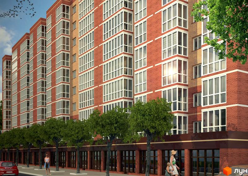 Житловий комплекс Premier з червоної цегли. Високий будинок з великими вікнами та зеленими деревами біля входу.