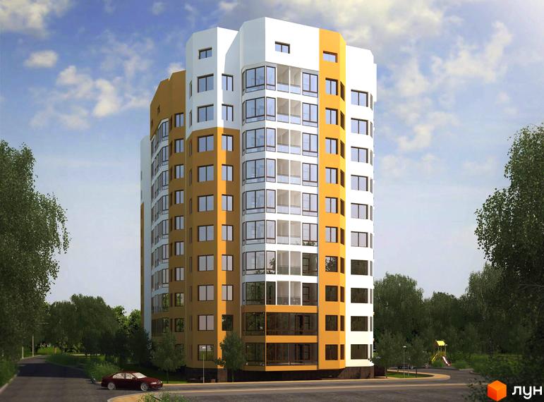 Висотна будівля з великими вікнами та помаранчево-білим фасадом. На прибудинковій території є зелені насадження, дитячий майданчик та дорога з автомобілем.