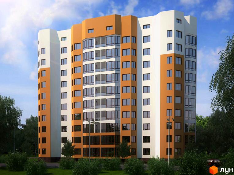 Висотна новобудова з помаранчевими та білими фасадами. На прибудинковій території зелені насадження та ліхтарі.