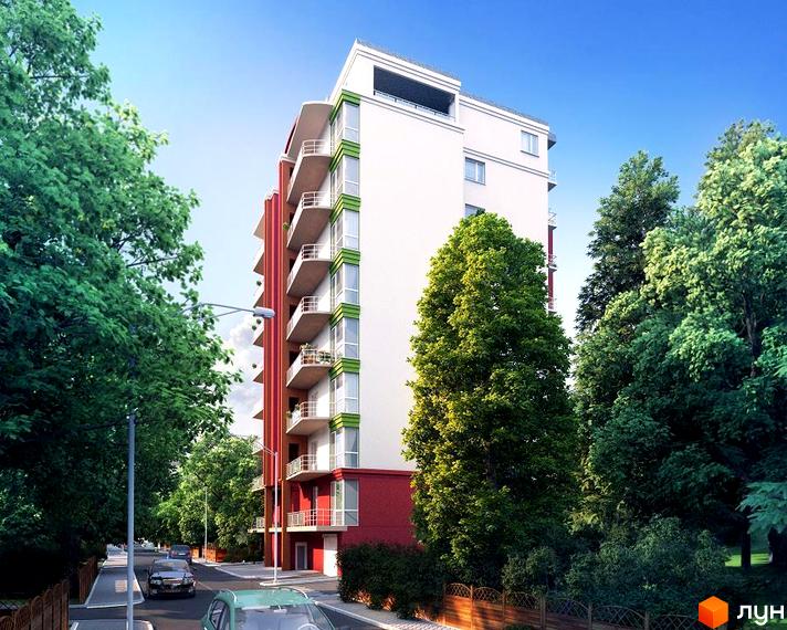 Зображення будинку на вулиці Погулянка, 6. Багатоповерхова будівля з балконами та зеленими насадженнями навколо.