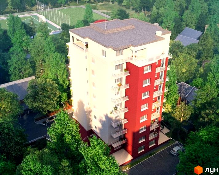 Зображення багатоповерхового будинку на вулиці Погулянка, 6. Вигляд з висоти на фасад та прибудинкову територію Новобудови.