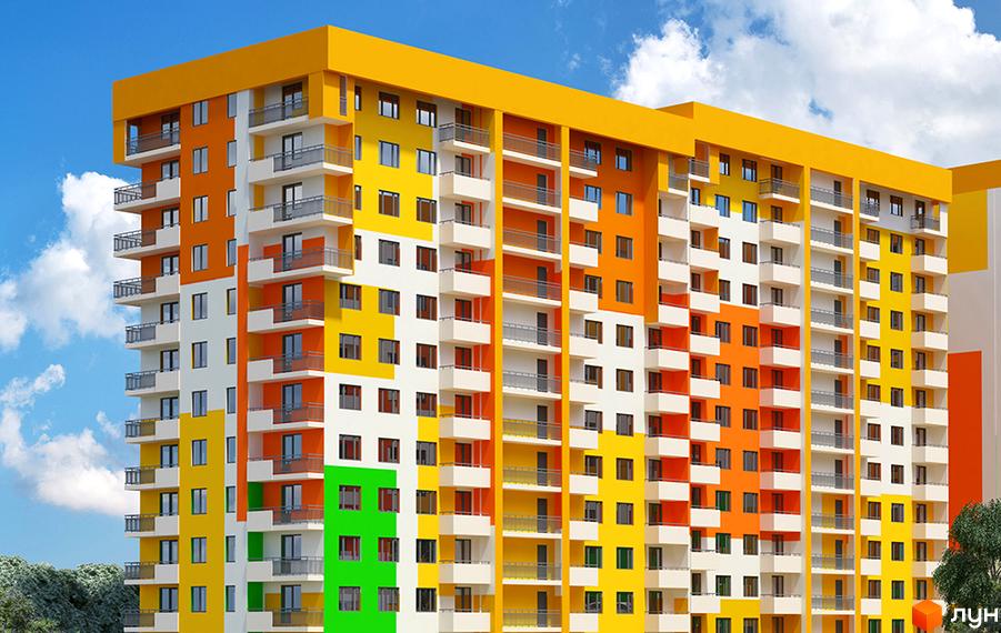 Житловий комплекс Меридіан - яскрава новобудова з балконами та вікнами на тлі блакитного неба з хмарами. Зовнішній вигляд будинку приваблює різнокольоровими фасадами: жовтими, помаранчевими та зеленими. Навколо видно дерева та зелень.