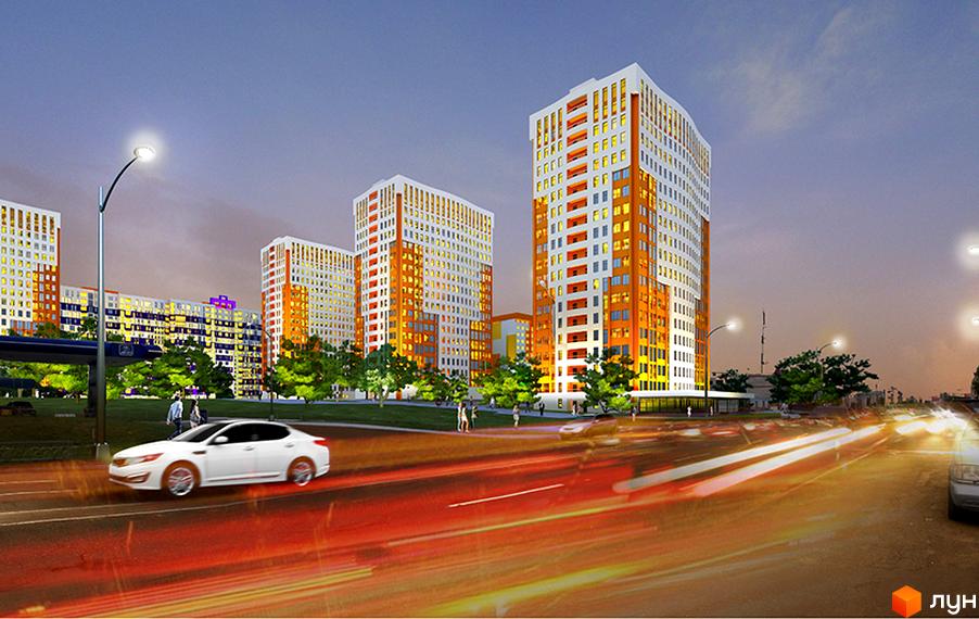 Житловий комплекс Меридіан: багатоповерхові будинки з білими та помаранчевими фасадами. Вечірній вид з освітленими вікнами та жвавою дорогою.