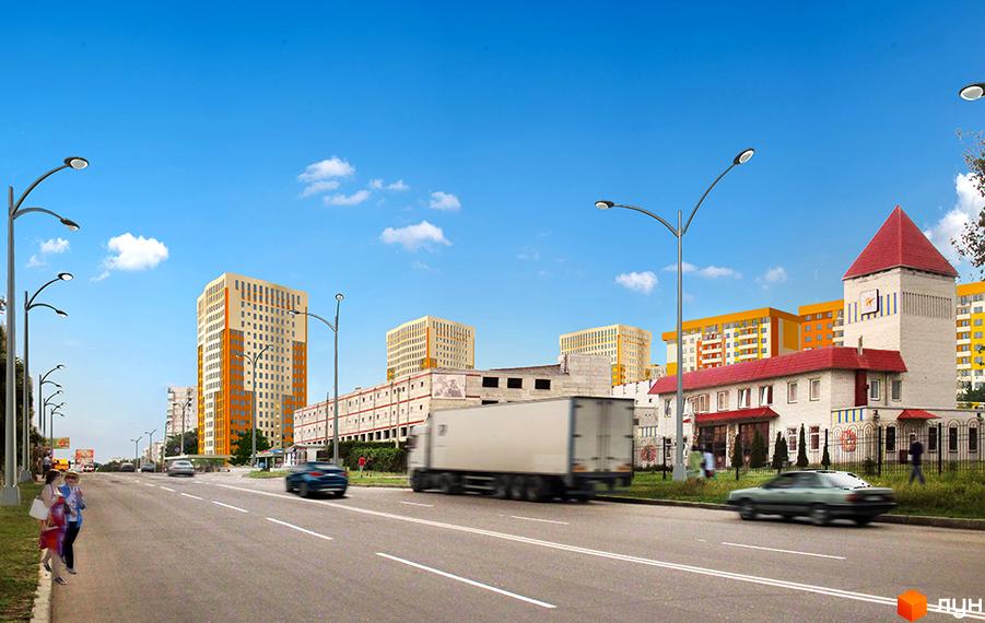 Житловий комплекс Меридіан: сучасна міська забудова з висотними будинками та прилеглою дорогою. Опис новобудови ЖК Меридіан.