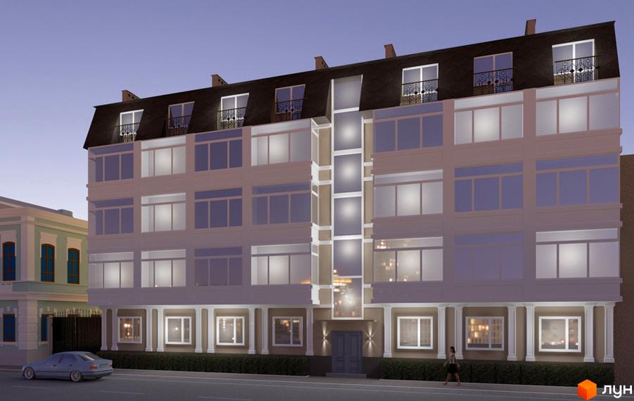 Зовнішній вигляд житлового комплексу Ярославський з мансардним дахом та великими вікнами. Навколо будинку розташована прибудинкова територія з деревами та дорогою.