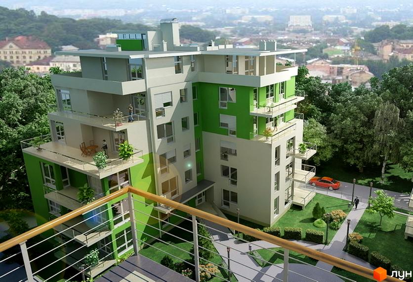 Зображення Житлового комплексу Оберіг. Багатоповерховий будинок з балконами та зеленими вставками, доглянута прибудинкова територія з газонами та пішохідними доріжками.