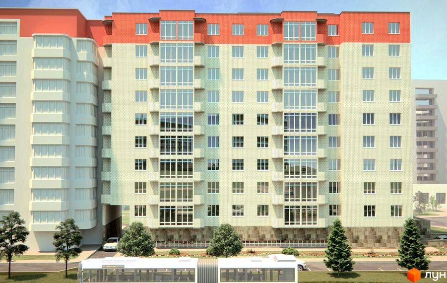 Багатоповерхова новобудова Престиж з бежевою цегляною кладкою, червоним дахом та великими вікнами. Перед будинком видно зелені дерева, дорогу та білий транспортний засіб.