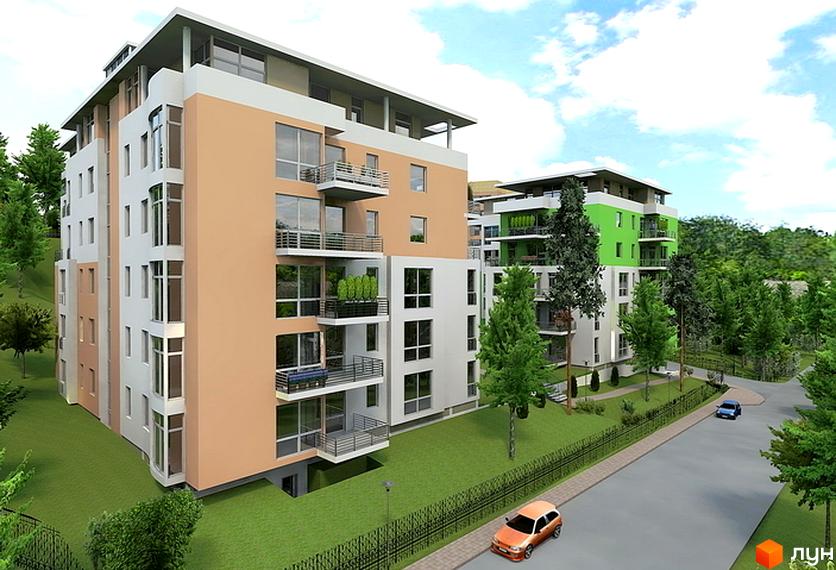 Зображення фасаду Житлового комплексу Оберіг. Багатоповерховий будинок з балконами та великими вікнами, зелена прибудинкова територія.