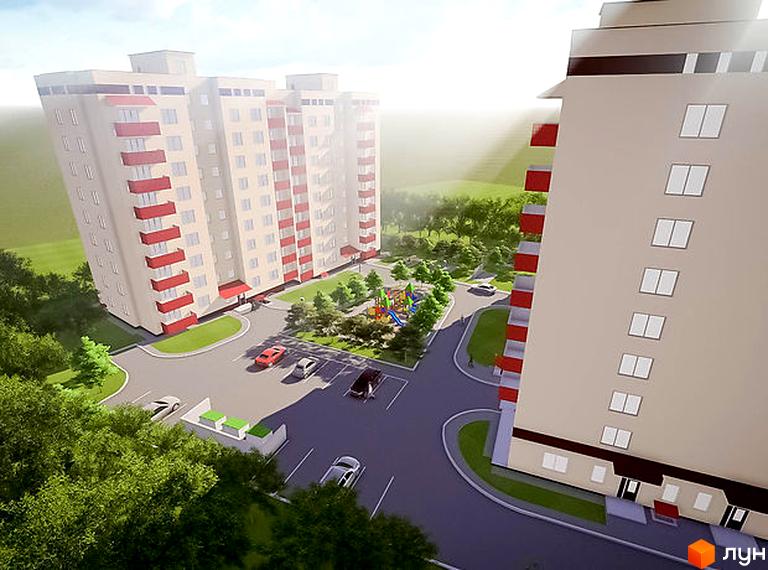 Високі будинки бежевого кольору з червоними балконними групами. На прибудинковій території облаштовані дитячий майданчик та парковка.