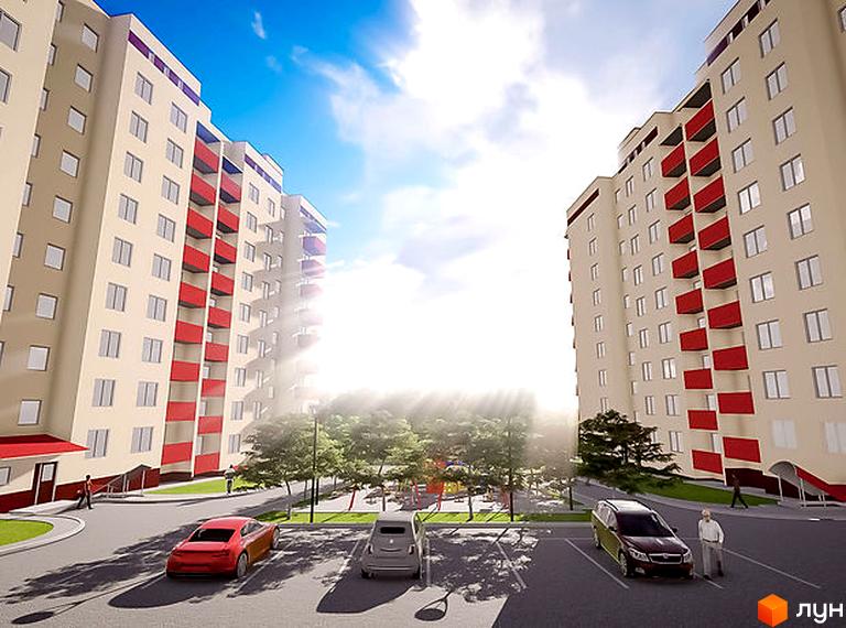 Житловий комплекс на вул. Панаса Мирного, 22: дві багатоповерхові будівлі зі світлими фасадами та червоними балконами, поруч парковка та дитячий майданчик.